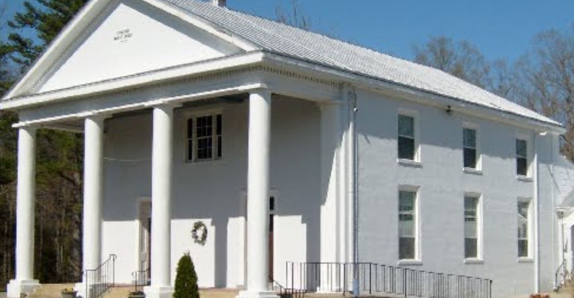 Concord Baptist Church building in Frog Level VA with historic Greek Revival columns